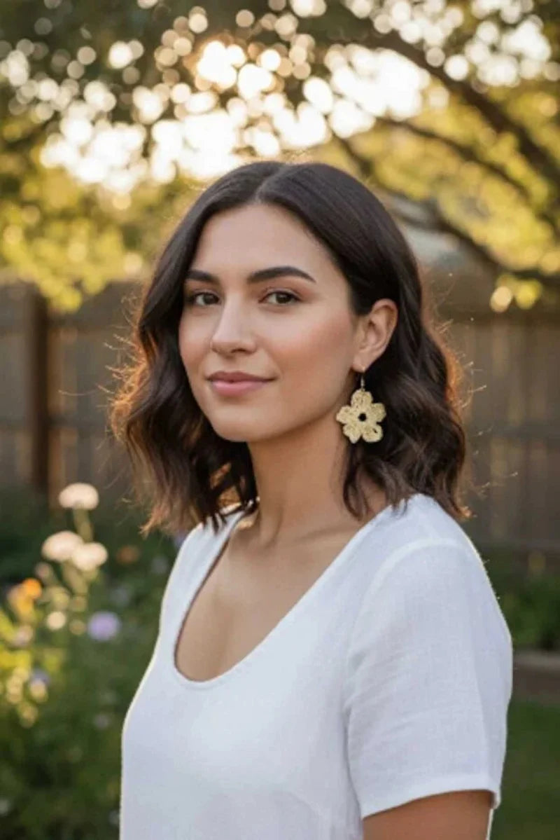Women’s Handmade Raffia Flower Earrings – Crochet Boho Dangle Design