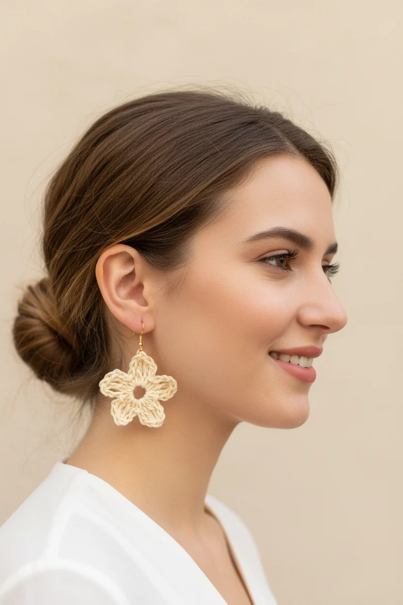 Women’s Handmade Raffia Flower Earrings – Crochet Boho Dangle Design