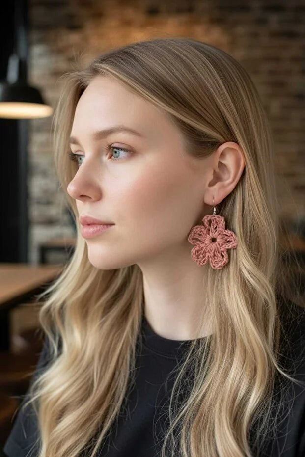 Women’s Handmade Raffia Flower Earrings – Crochet Boho Dangle Design