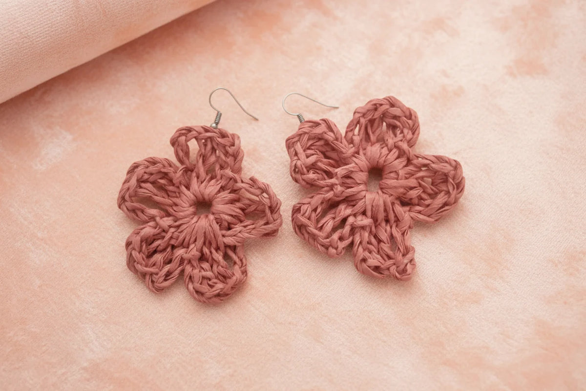 Women’s Handmade Raffia Flower Earrings – Crochet Boho Dangle Design