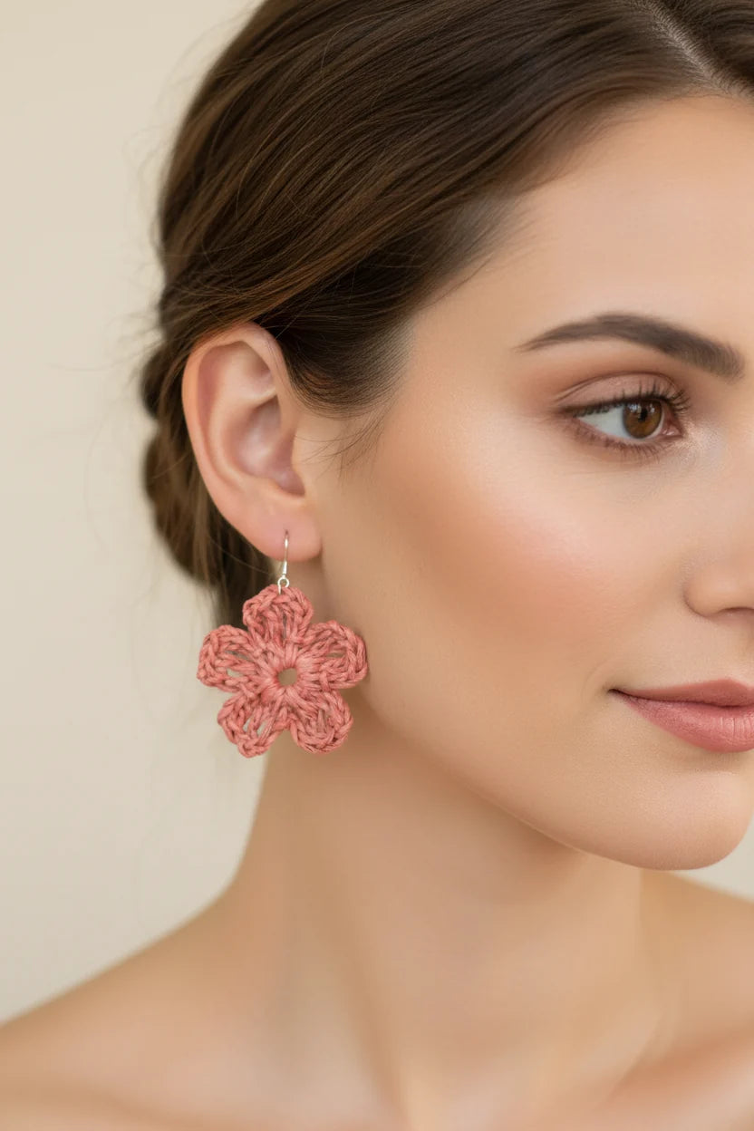 Women’s Handmade Raffia Flower Earrings – Crochet Boho Dangle Design