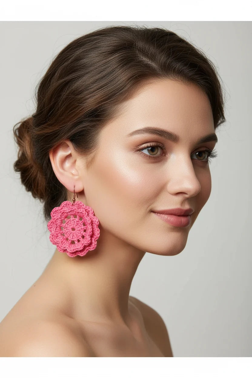 Women’s Handmade Pink Crochet Flower Earrings – Boho Floral Drop Design