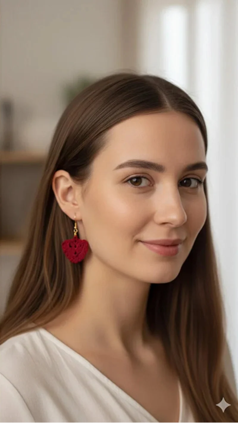 Women’s Handmade Red Crochet Earrings – Boho Thread Drop Design