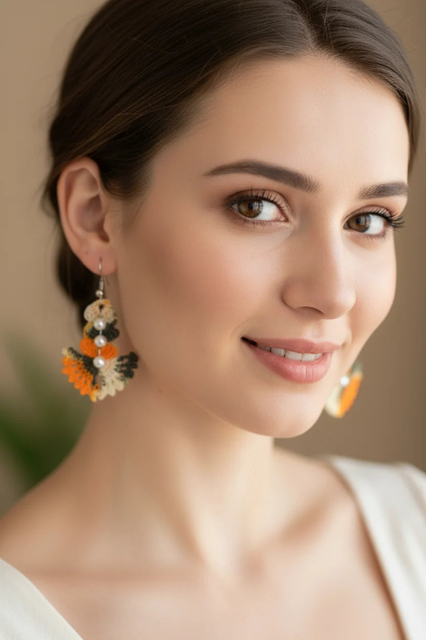 Women’s Handmade Fan-Shaped Pearl Bead Earrings – Beaded Crochet Design