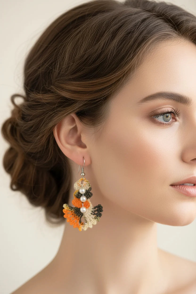 Women’s Handmade Fan-Shaped Pearl Bead Earrings – Beaded Crochet Design