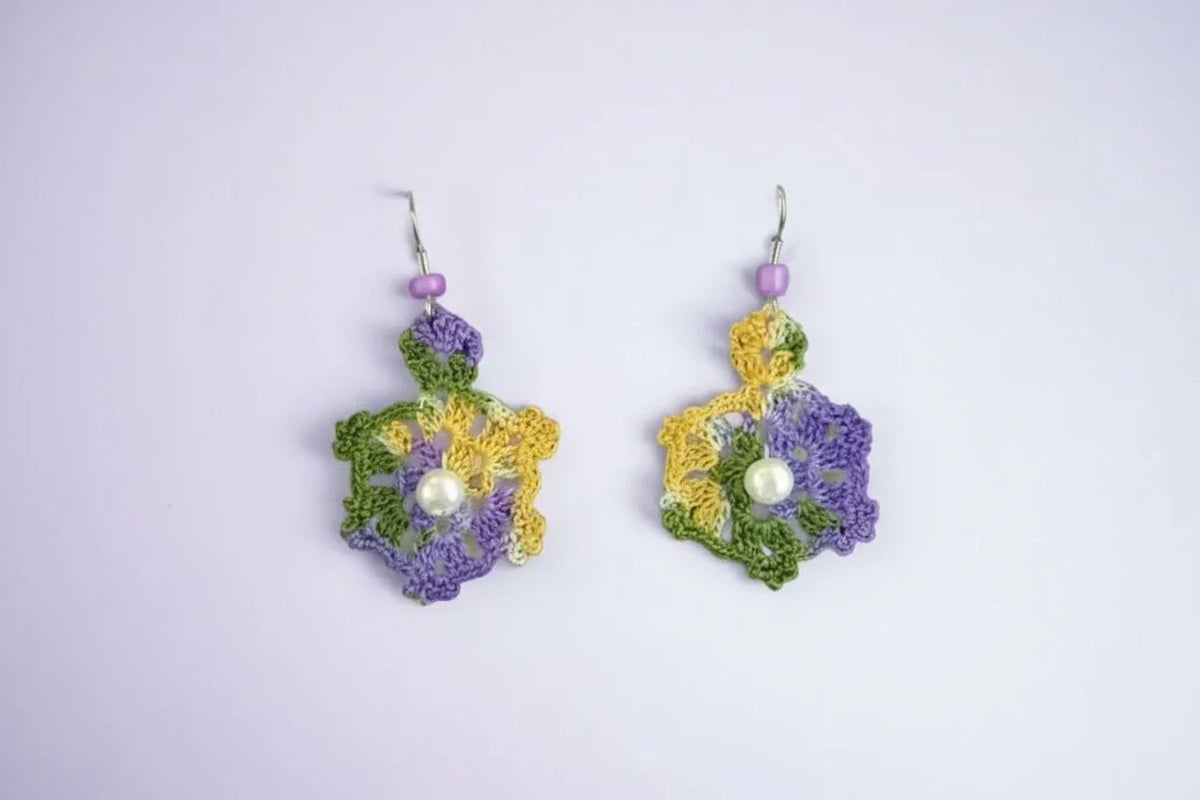 Women’s Handmade Vintage Crochet Fan Earrings – Pearl Bead Boho Style