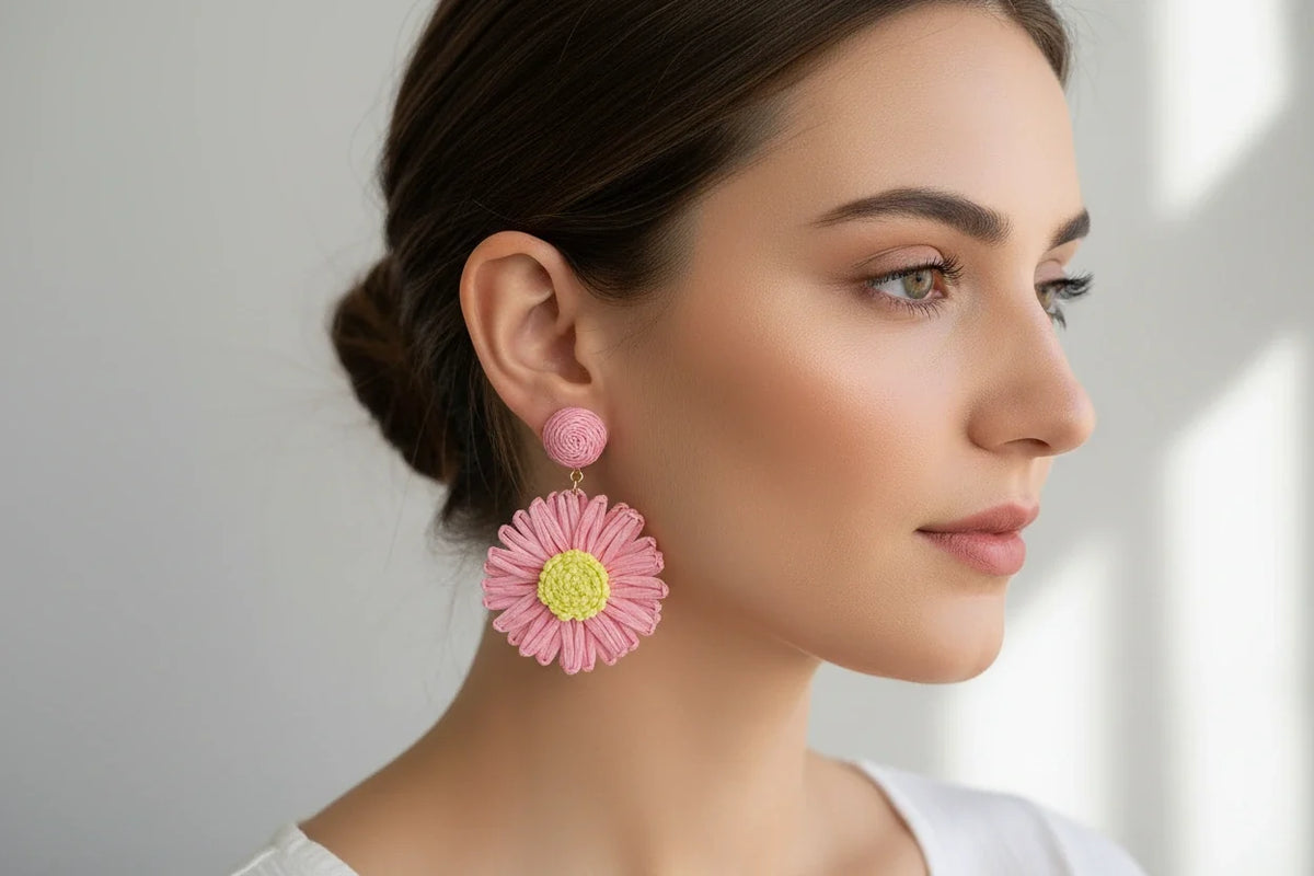 Women’s Handmade Two-Tone Straw Earrings – Boho Woven Drop Design