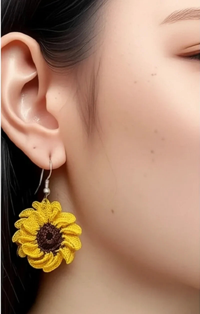 Women’s Handmade Sunflower Crochet Earrings – Boho Thread & Steel Flower