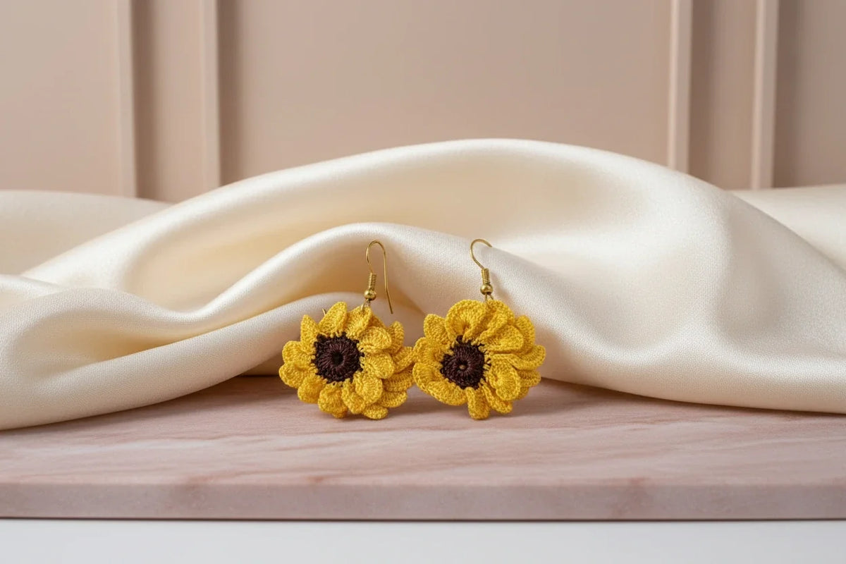 Women’s Handmade Sunflower Crochet Earrings – Boho Thread & Steel Flower