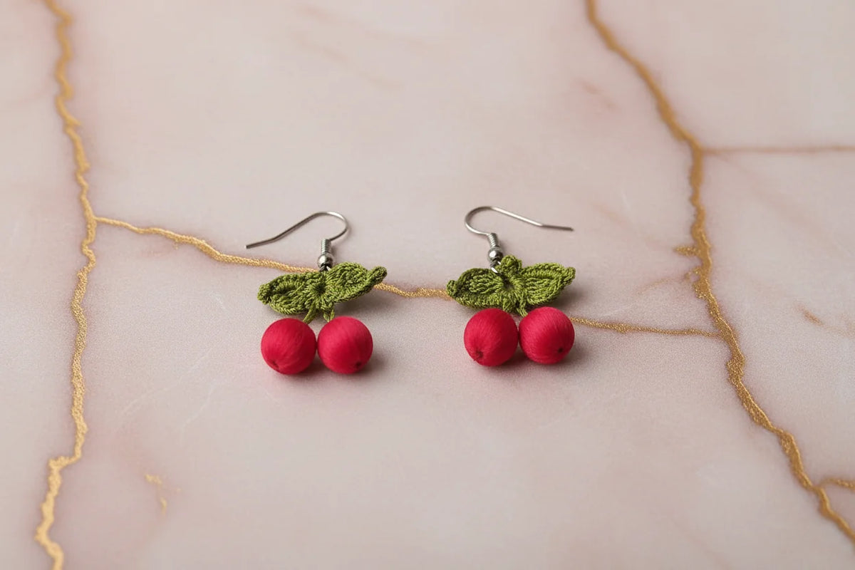 Handmade Cherry Oya Needle Lace Earrings for Women – Boho Style