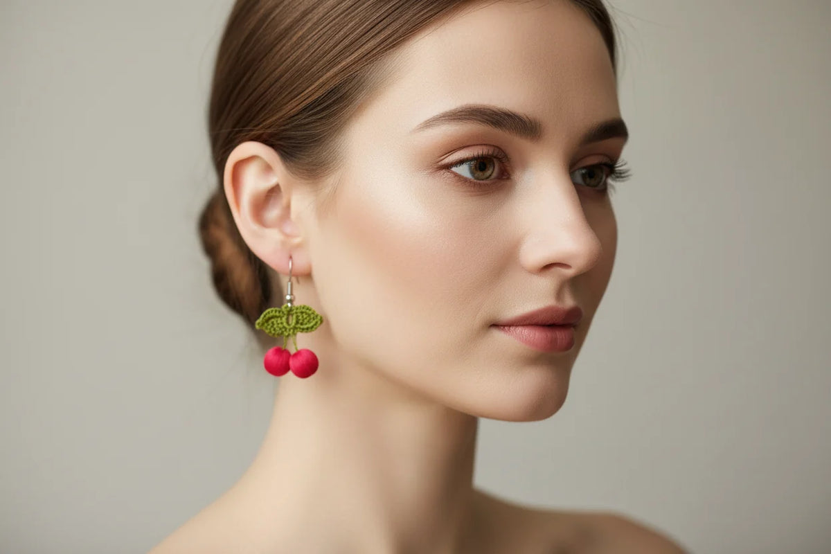 Handmade Cherry Oya Needle Lace Earrings for Women – Boho Style