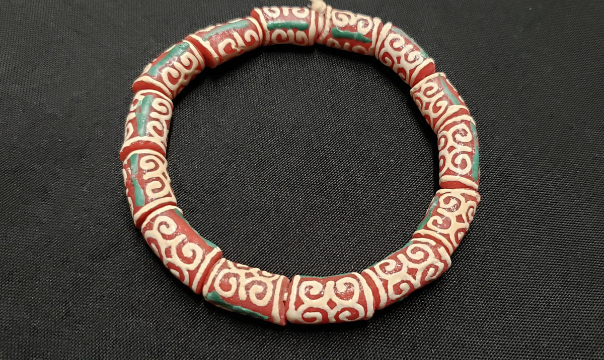 Adinkra Glass Beads, 14 Red and Cream Humility and Strength Beads, AAB# 1655