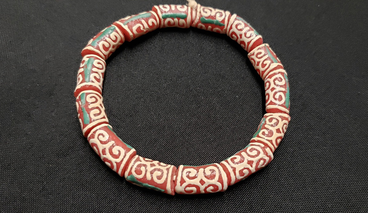 Adinkra Glass Beads, 14 Red and Cream Humility and Strength Beads, AAB# 1655