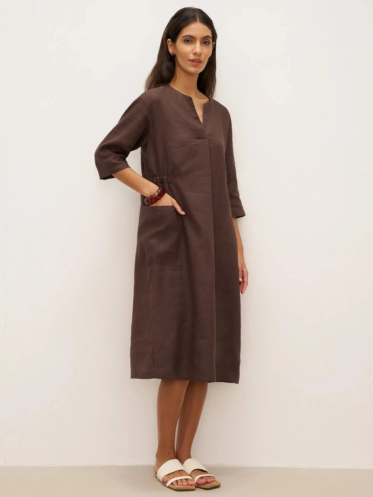 100% Linen V-neck Bell Pocket Midi Dress EVELINA