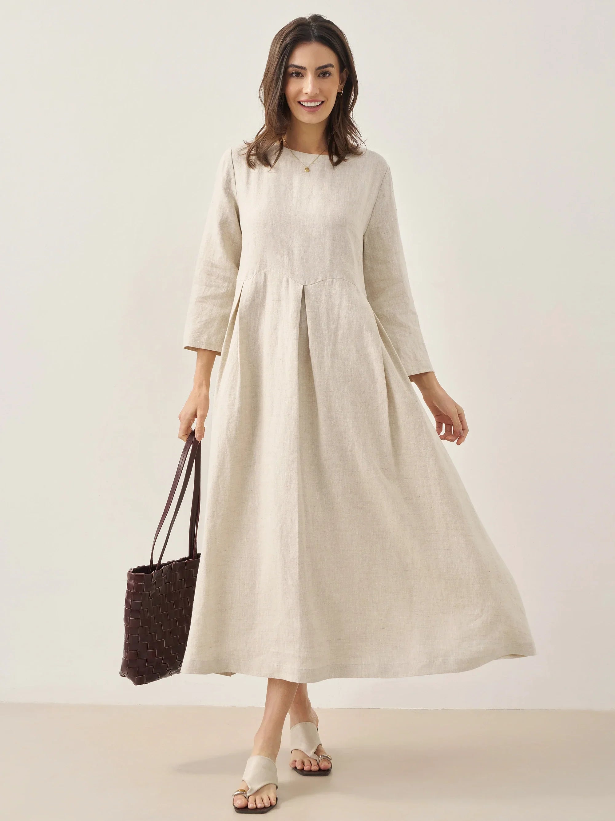 100% Linen Bateau Neck Pleated Midi Dress
