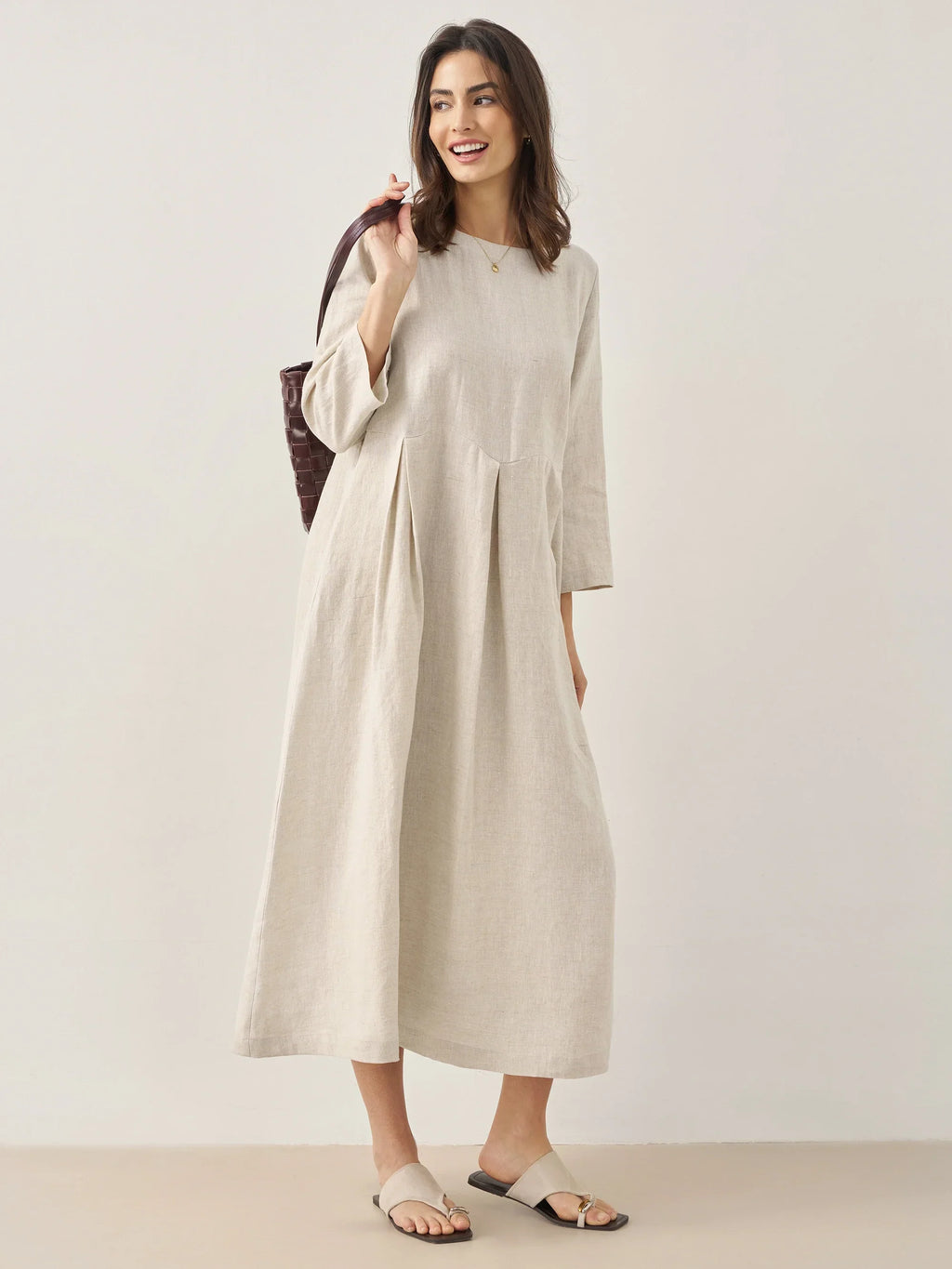 100% Linen Bateau Neck Pleated Midi Dress