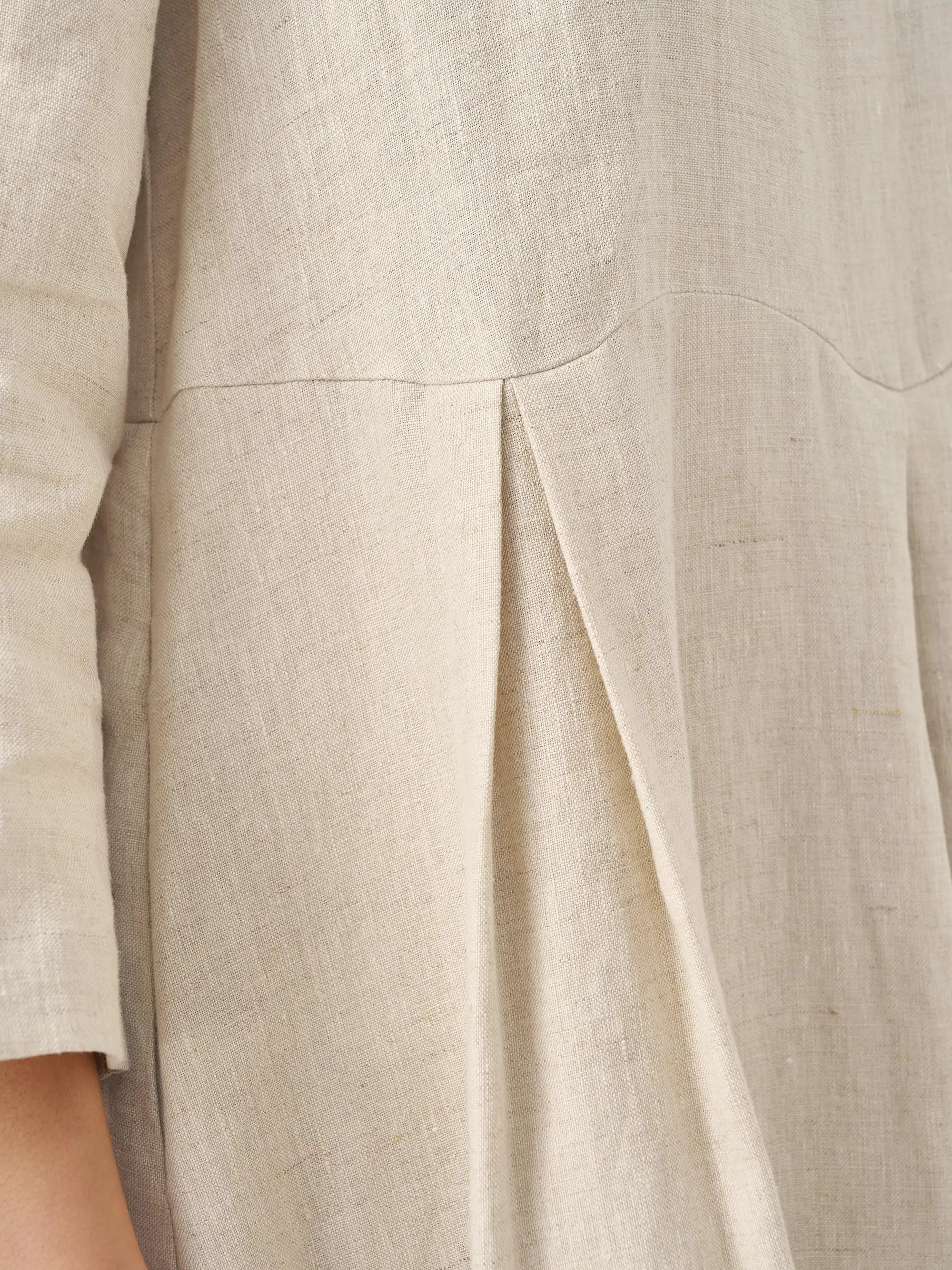 100% Linen Bateau Neck Pleated Midi Dress