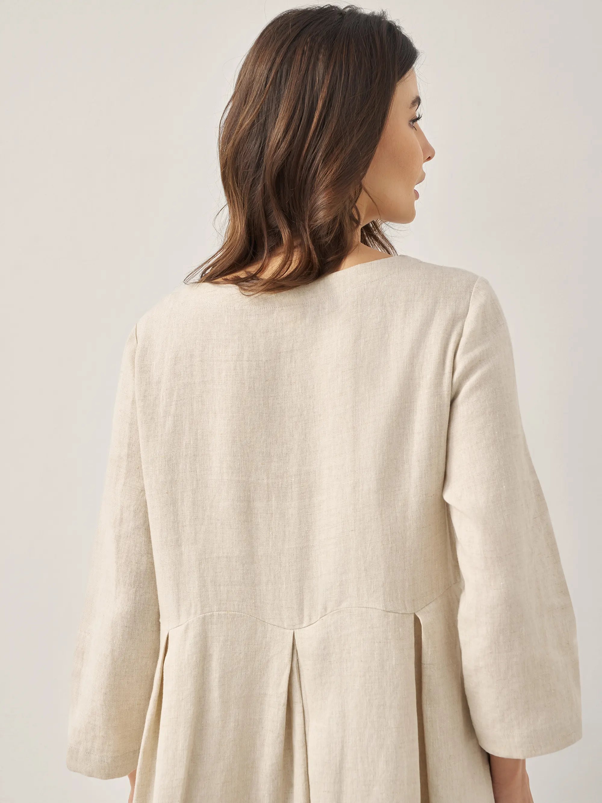 100% Linen Bateau Neck Pleated Midi Dress