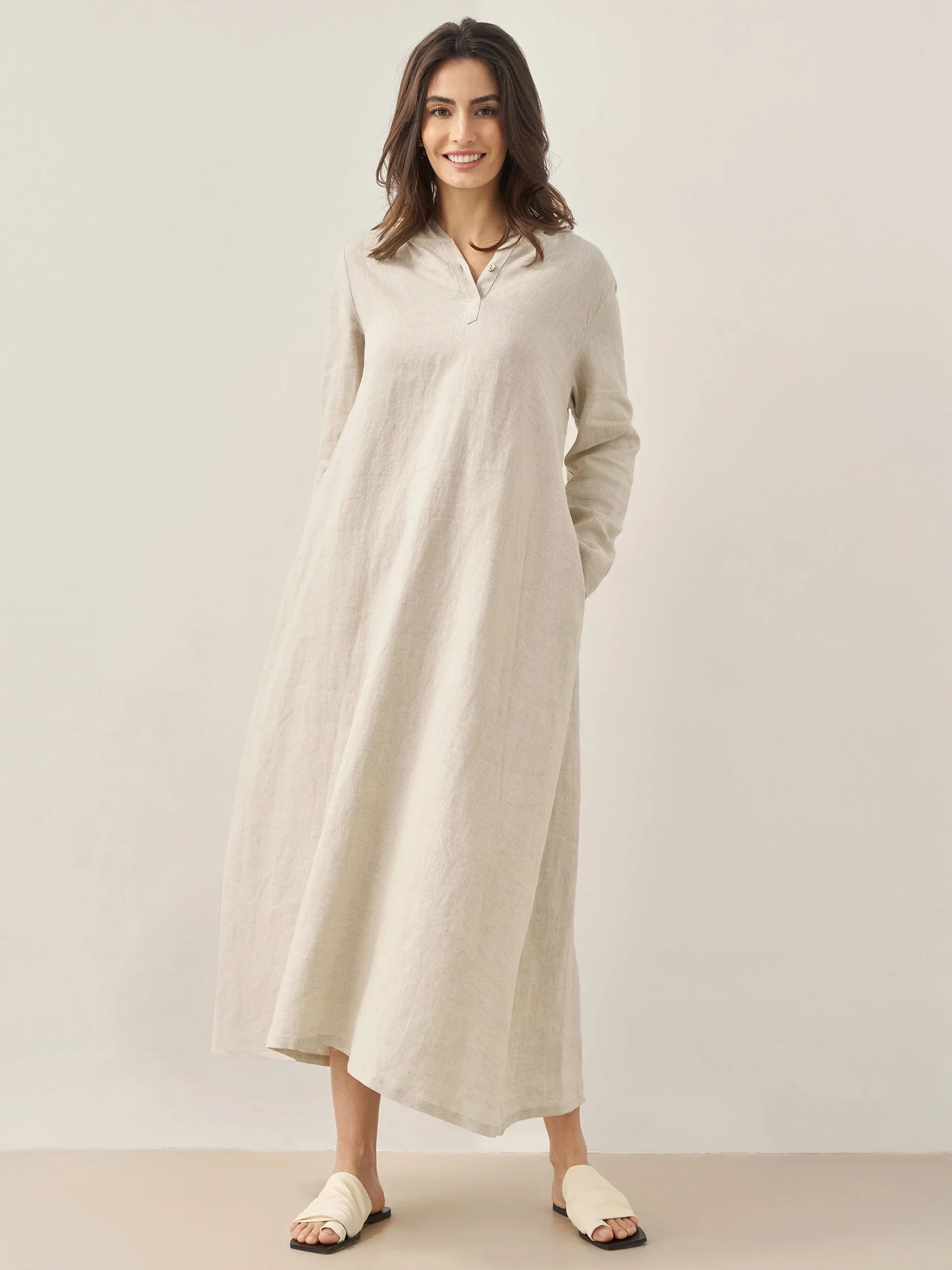 100% Linen Hooded Pullover Midi Dress REBECCA