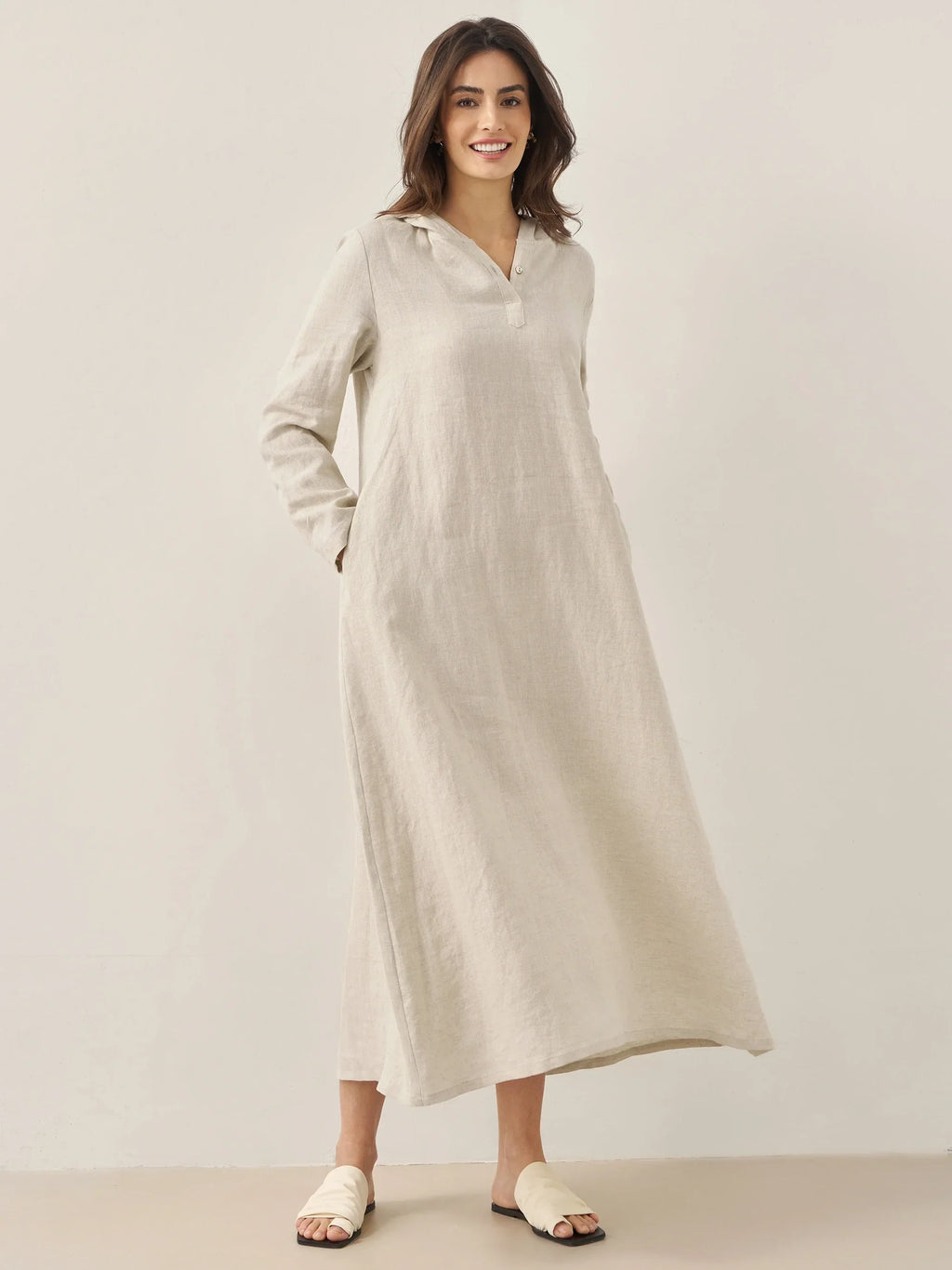 100% Linen Hooded Pullover Midi Dress REBECCA