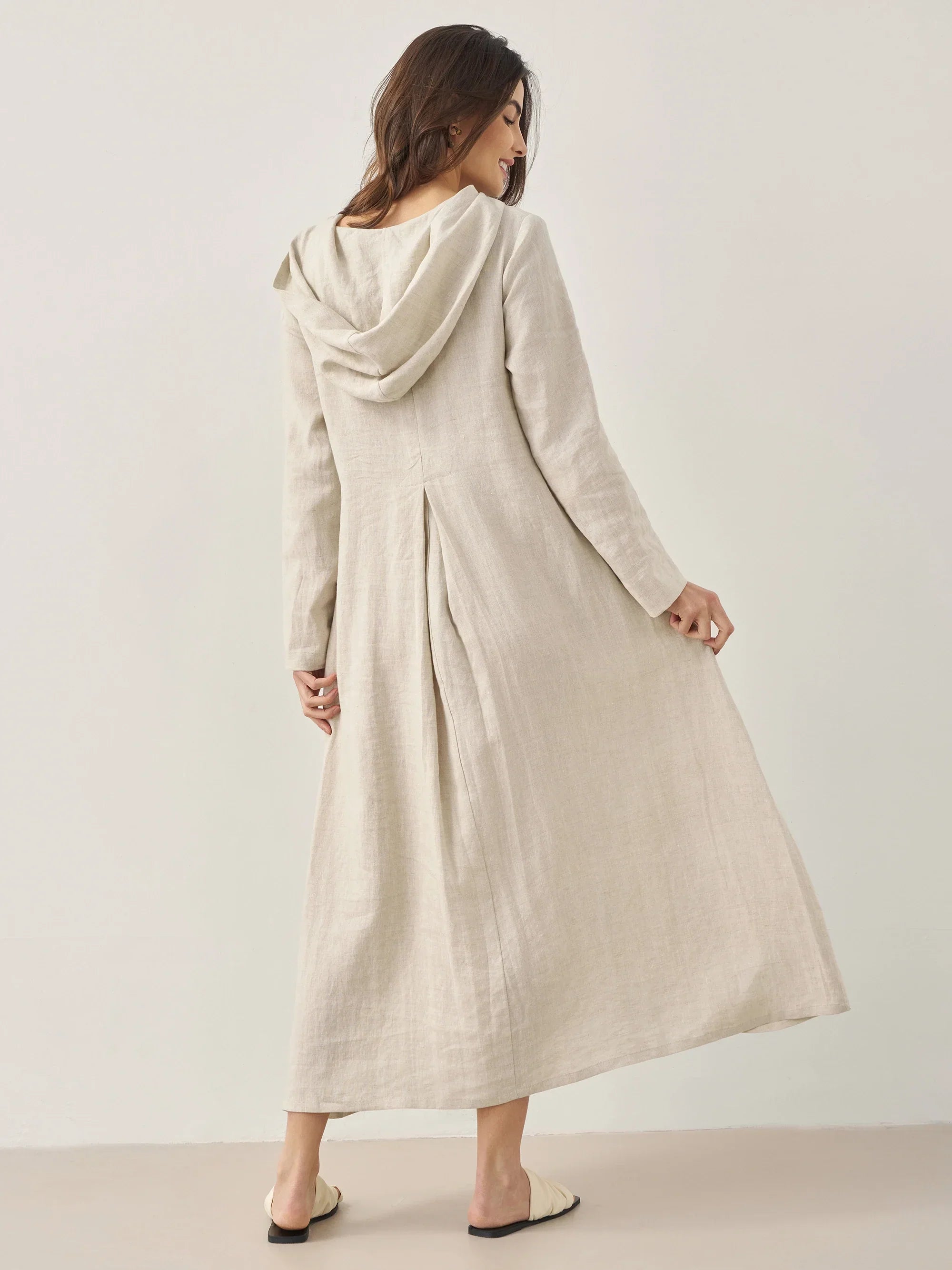 100% Linen Hooded Pullover Midi Dress REBECCA