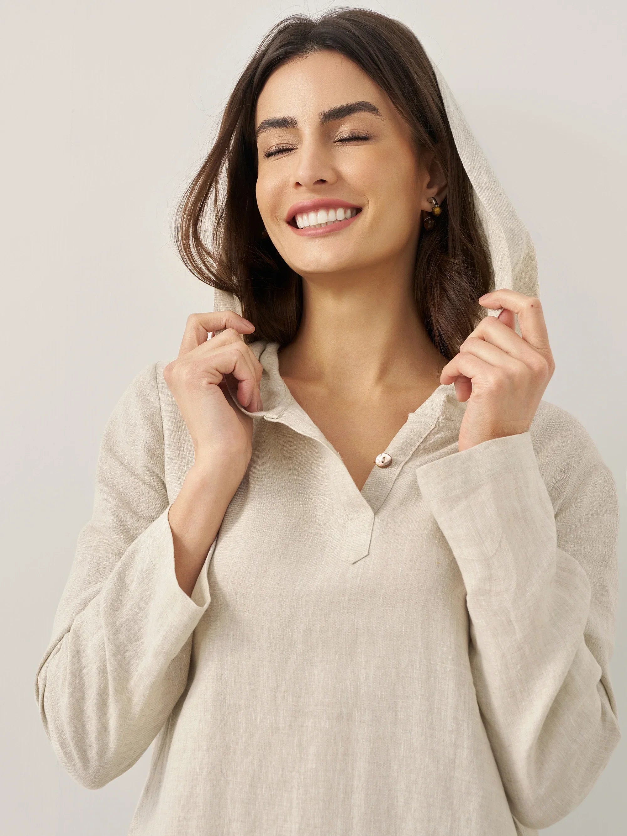 100% Linen Hooded Pullover Midi Dress REBECCA