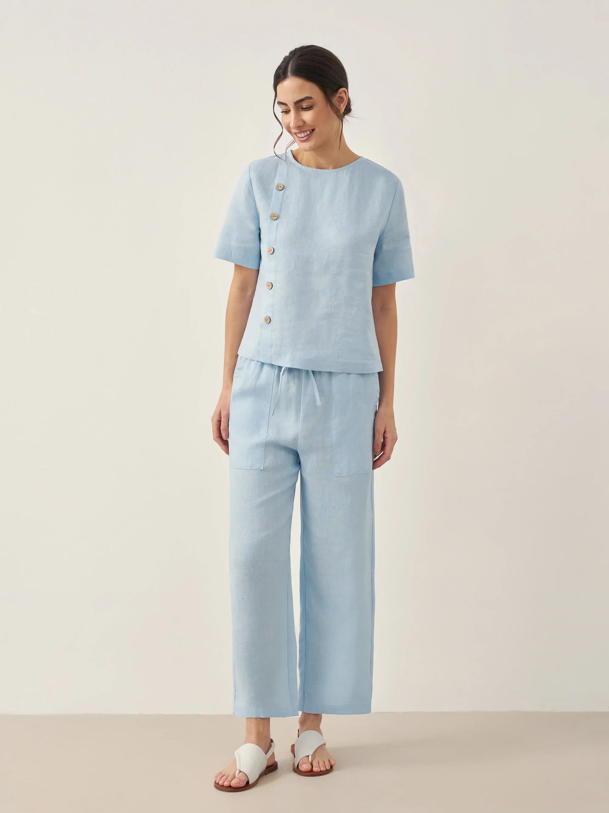 100% Linen Straight-Leg Drawstring Pants JOSIE