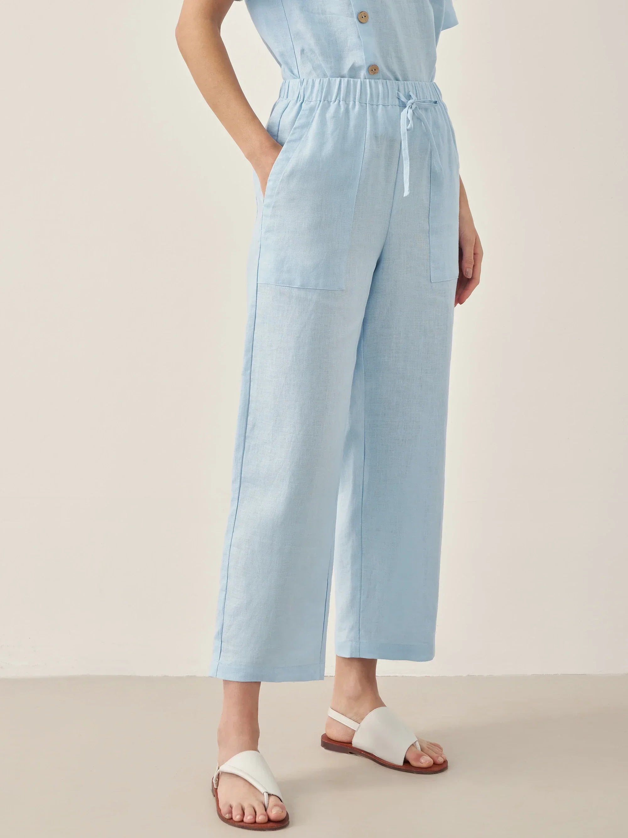 100% Linen Straight-Leg Drawstring Pants JOSIE