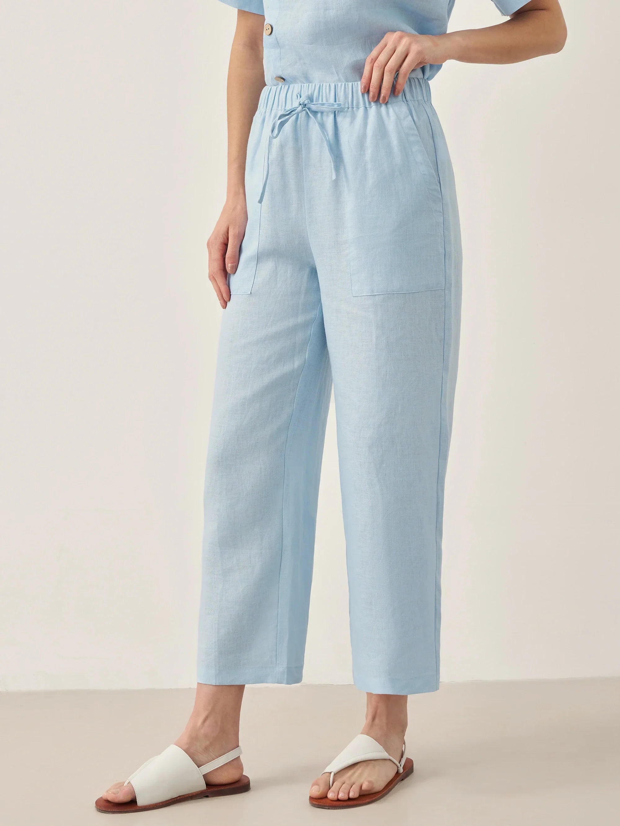 100% Linen Straight-Leg Drawstring Pants JOSIE