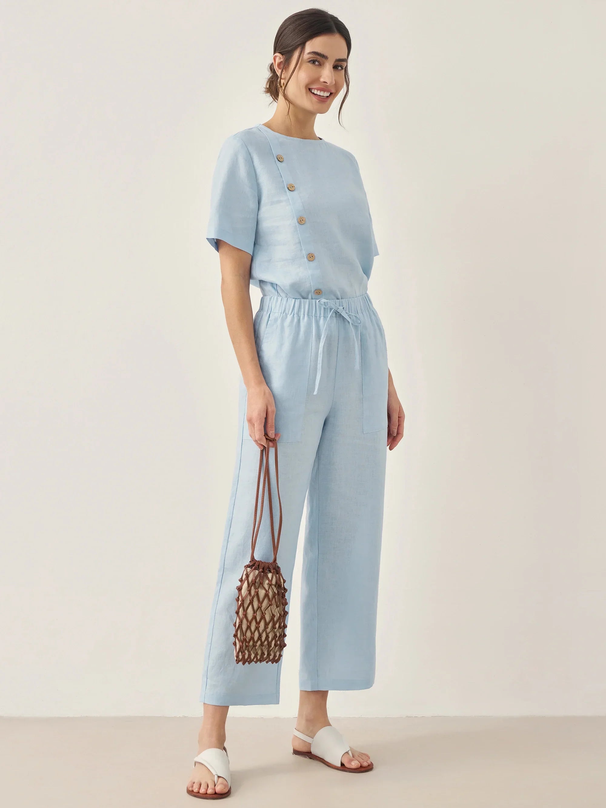 100% Linen Straight-Leg Drawstring Pants JOSIE