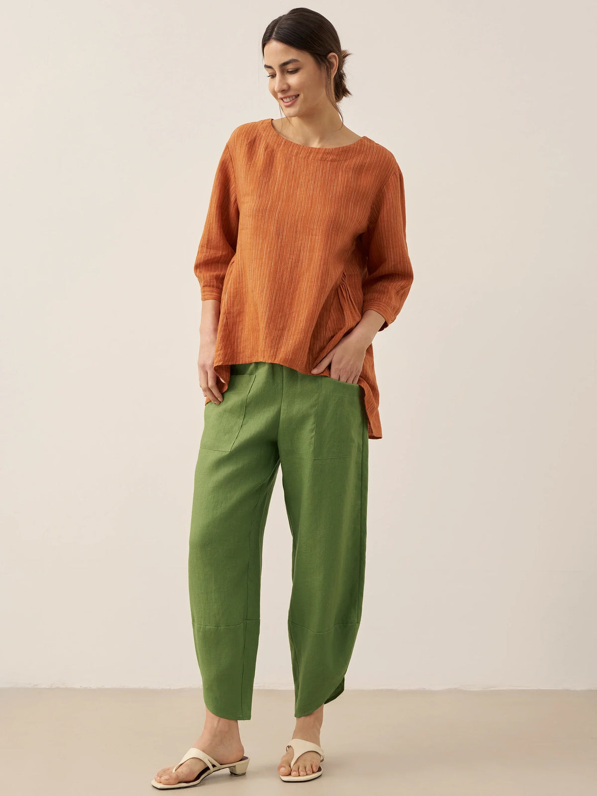 100% Linen Petal-Hem Trousers with Elastic Waist LIV