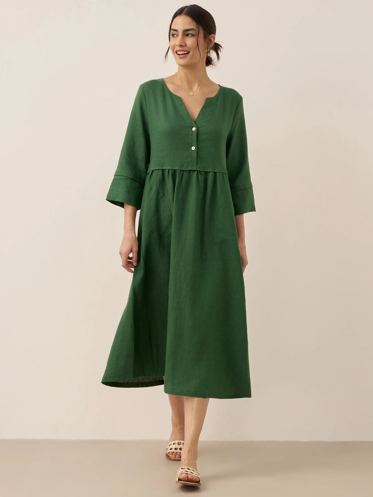 100% Linen Loose Fit Button Waist Gathered Midi Dress LUNA