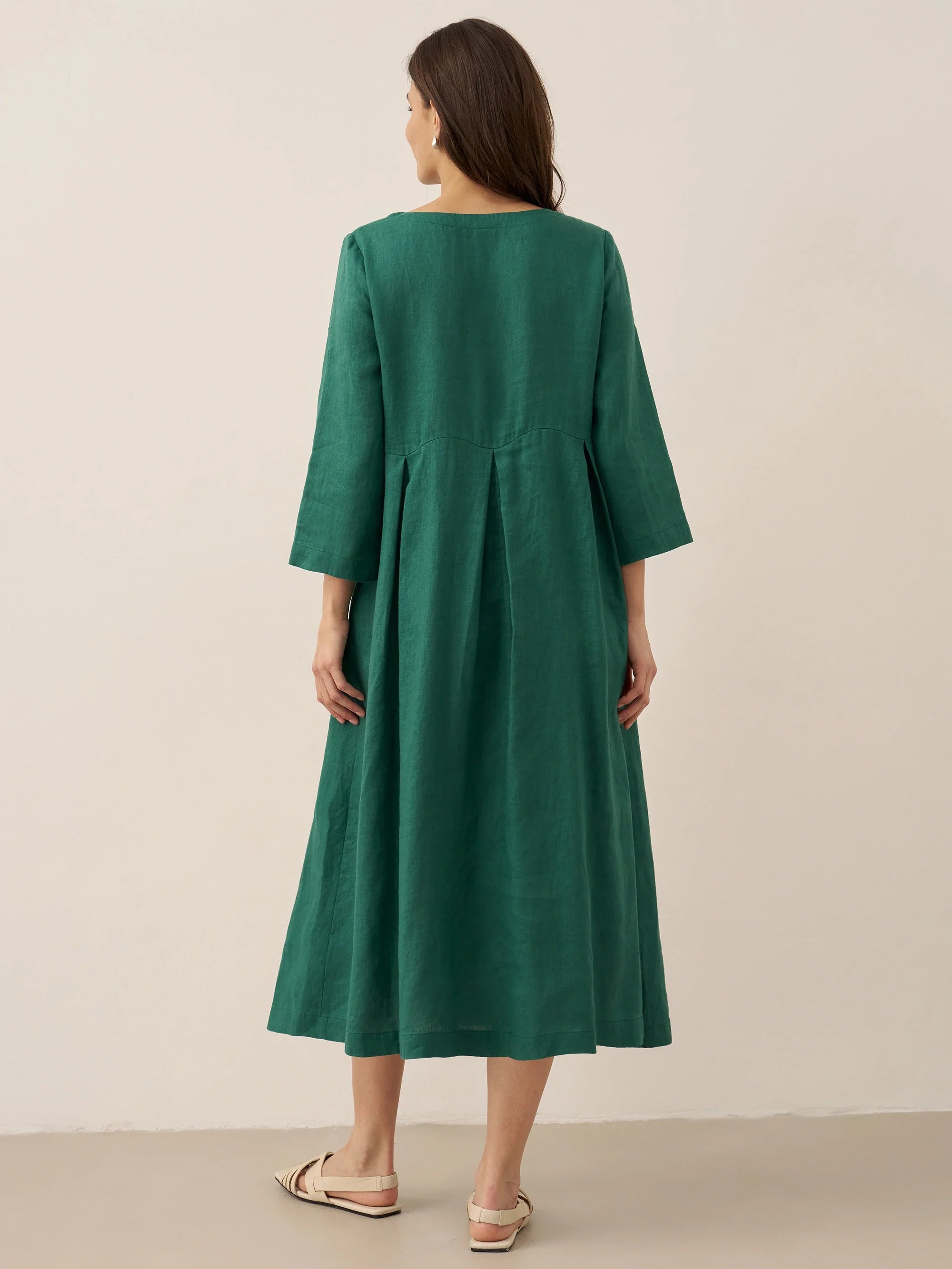 100% Linen Bateau Neck Pleated Midi Dress