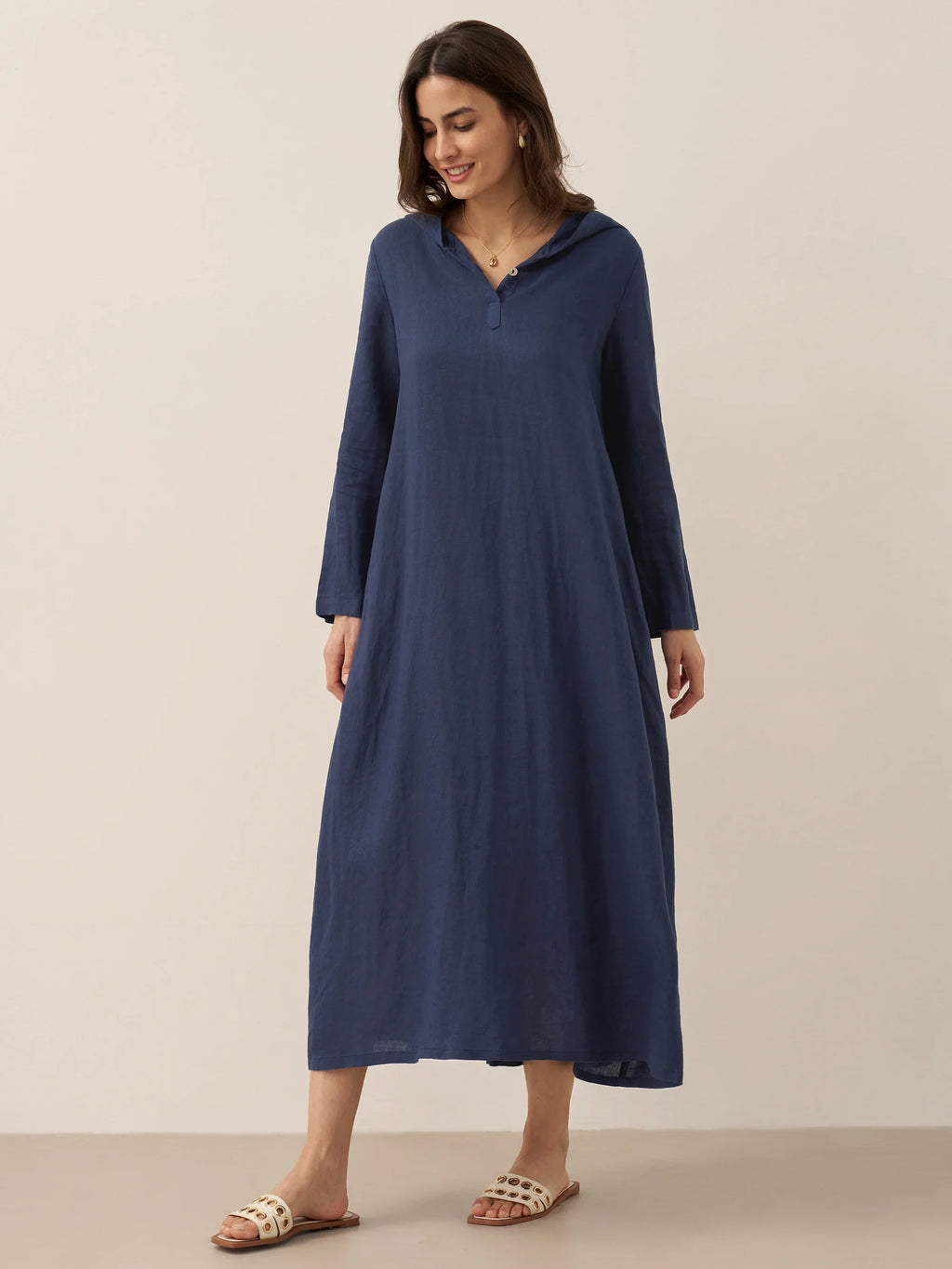 100% Linen Hooded Pullover Midi Dress REBECCA