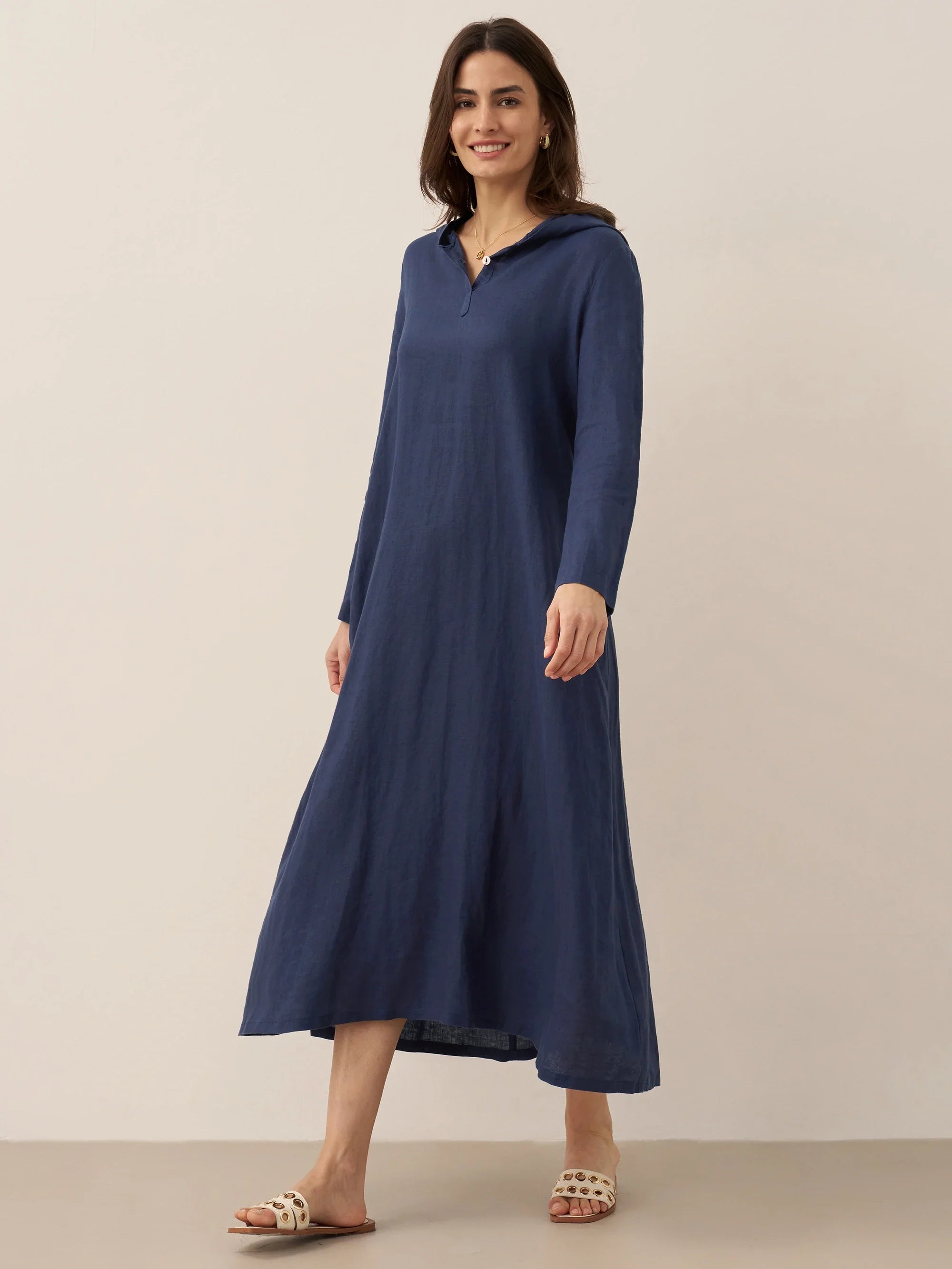 100% Linen Hooded Pullover Midi Dress REBECCA