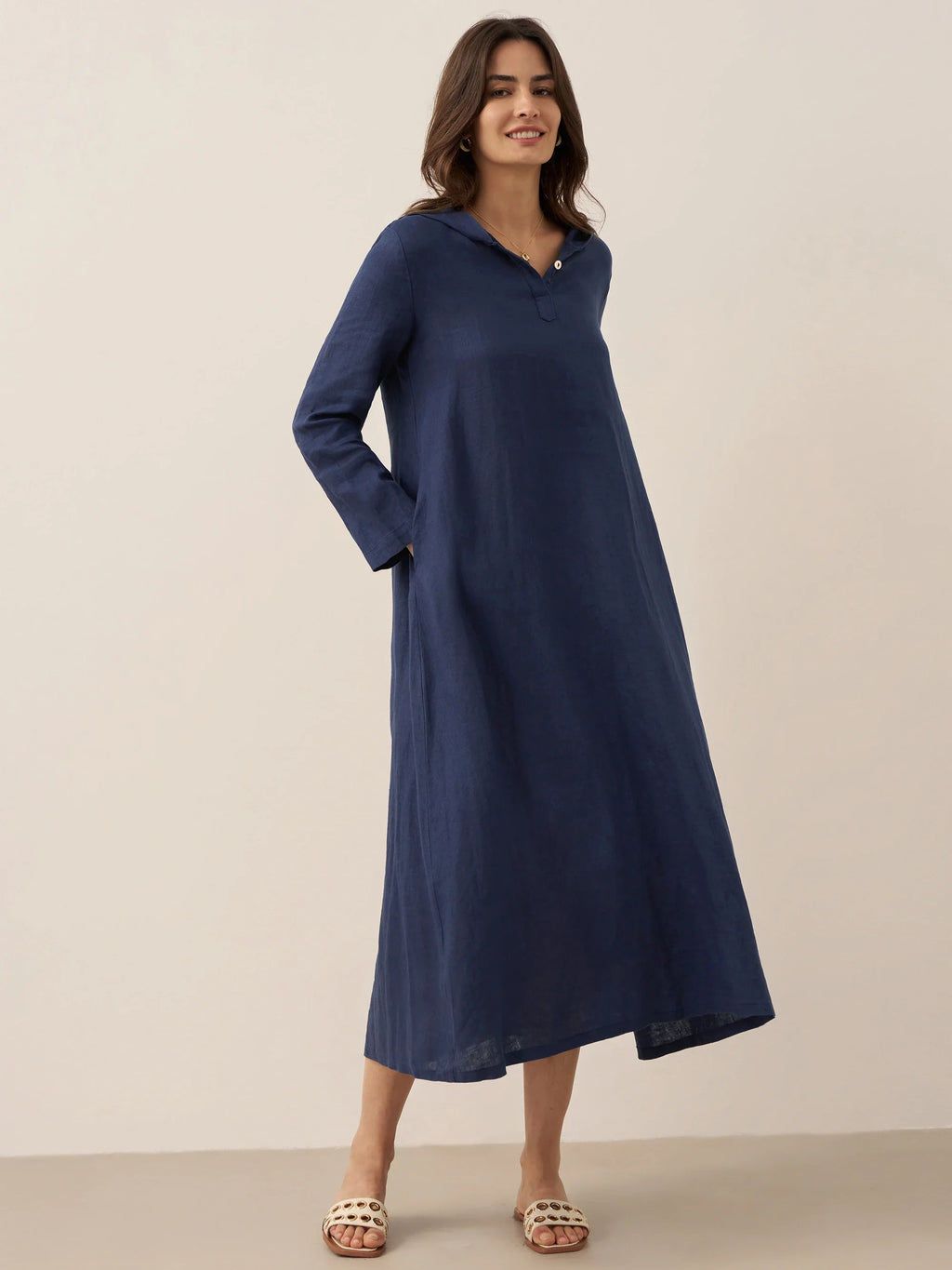 100% Linen Hooded Pullover Midi Dress REBECCA