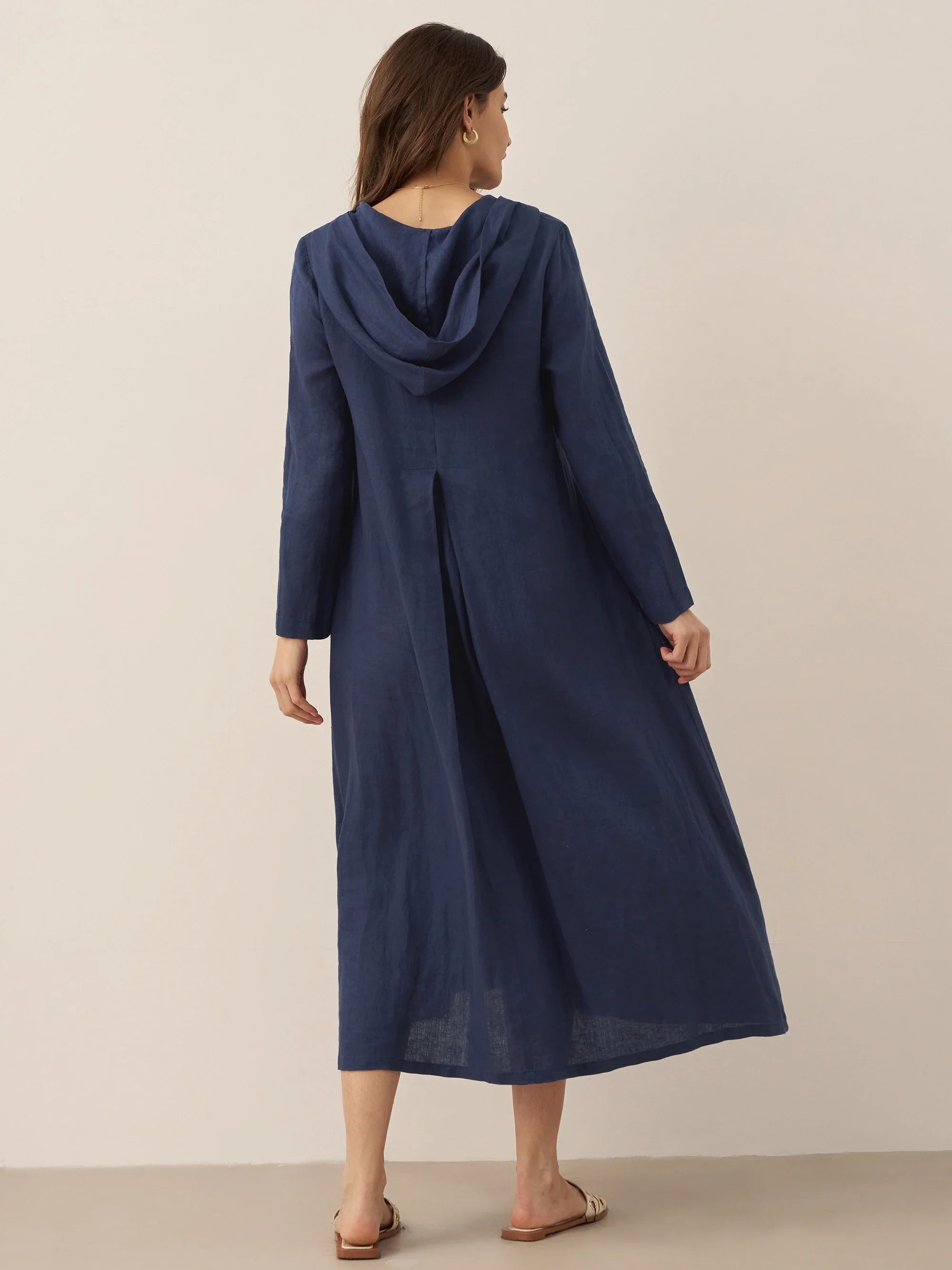 100% Linen Hooded Pullover Midi Dress REBECCA