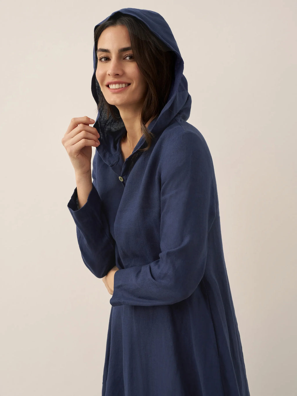 100% Linen Hooded Pullover Midi Dress REBECCA