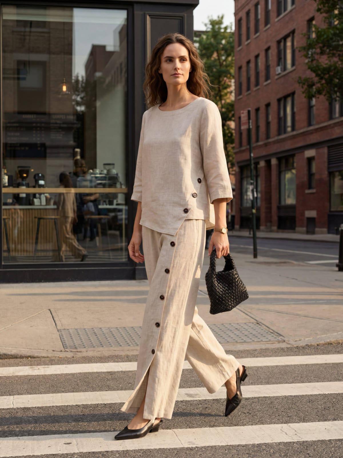100% Linen Asymmetric-Hem Button-Trim Top NYLA