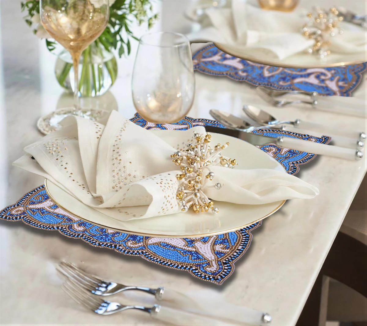 Beaded Placemats – Handmade Blue White Embroidered Dining Table Decor 12x16 Inch