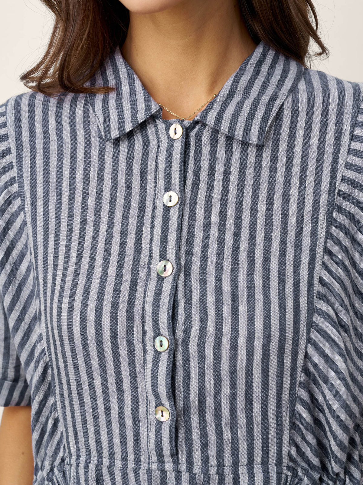 100% Linen Striped Buttoned Front Short-Sleeve Midi Shirt Dress CASSANDRA
