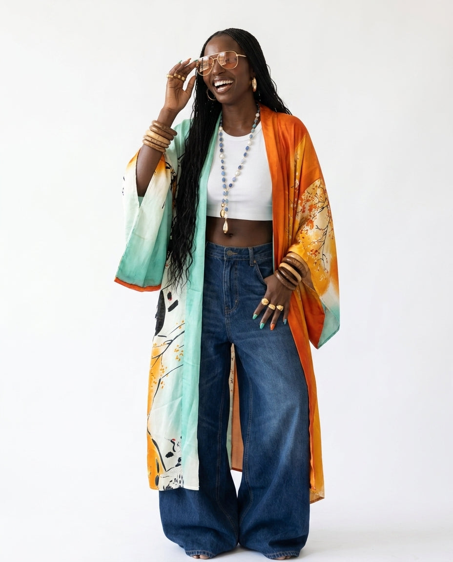 Vibrant Printed Silk Feeling Kaftan