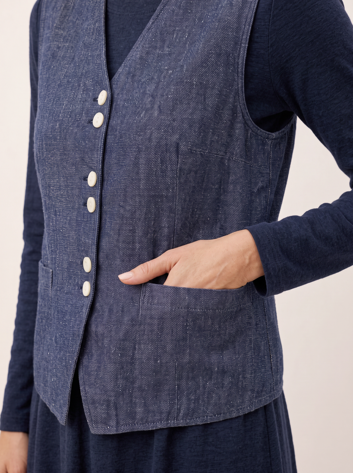 100% Linen Reversible Denim Texture Button Front Vest HARPER