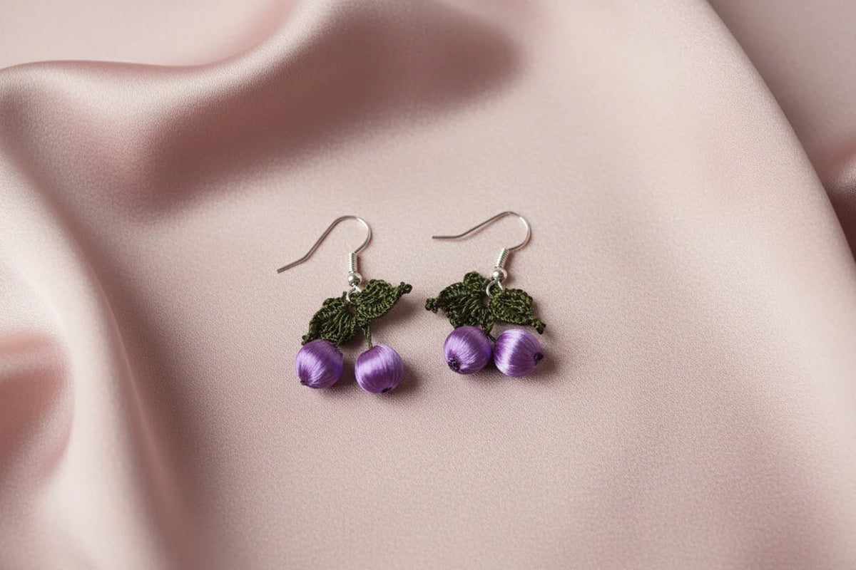Handmade Cherry Oya Needle Lace Earrings for Women – Boho Style
