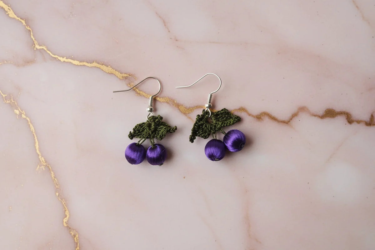 Handmade Cherry Oya Needle Lace Earrings for Women – Boho Style