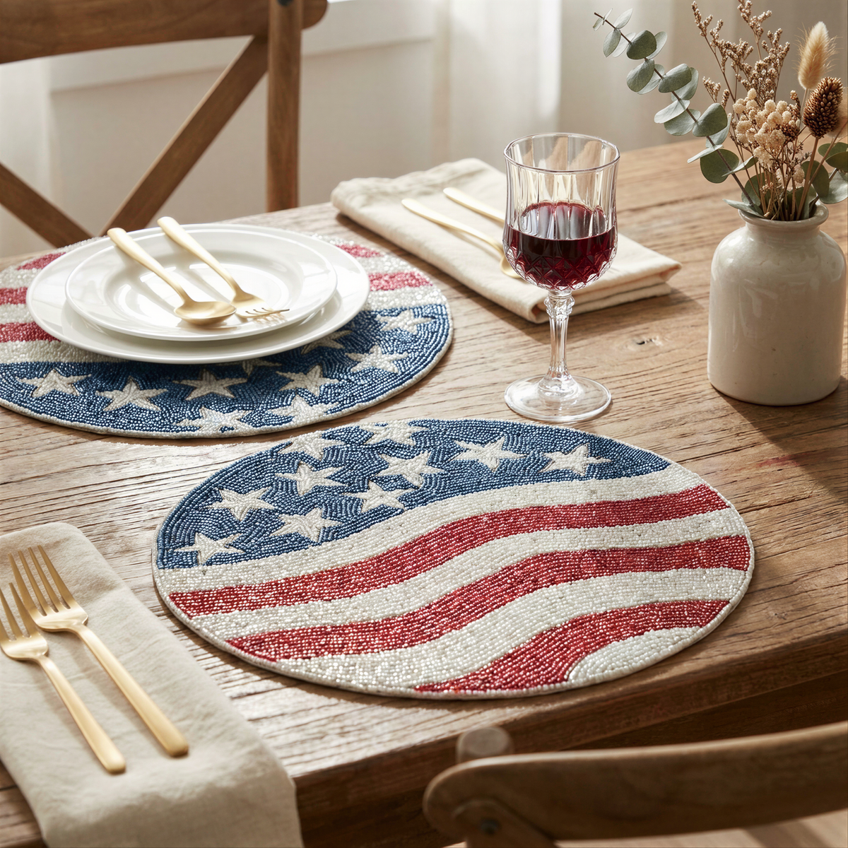 USA Flag Placemats - Round Beaded Handmade Table Mats With Satin Backing