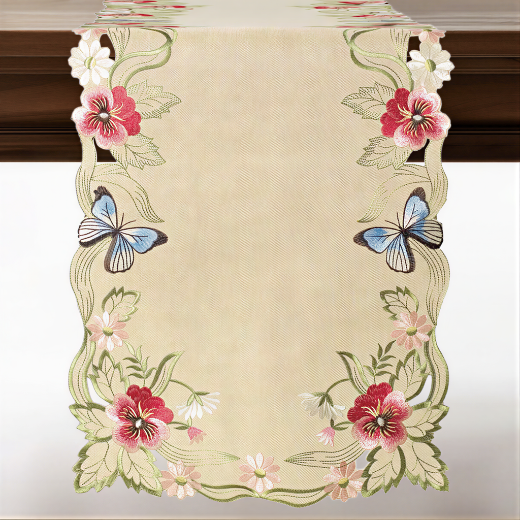 Beige Table Runner – Rustic Embroidered Dining Table Protector 14x108 Inch