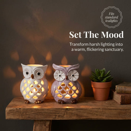 Owl Tea Light Holder - Rustic Decorative Candle Holders Set of 2 for Indoor & Outdoor