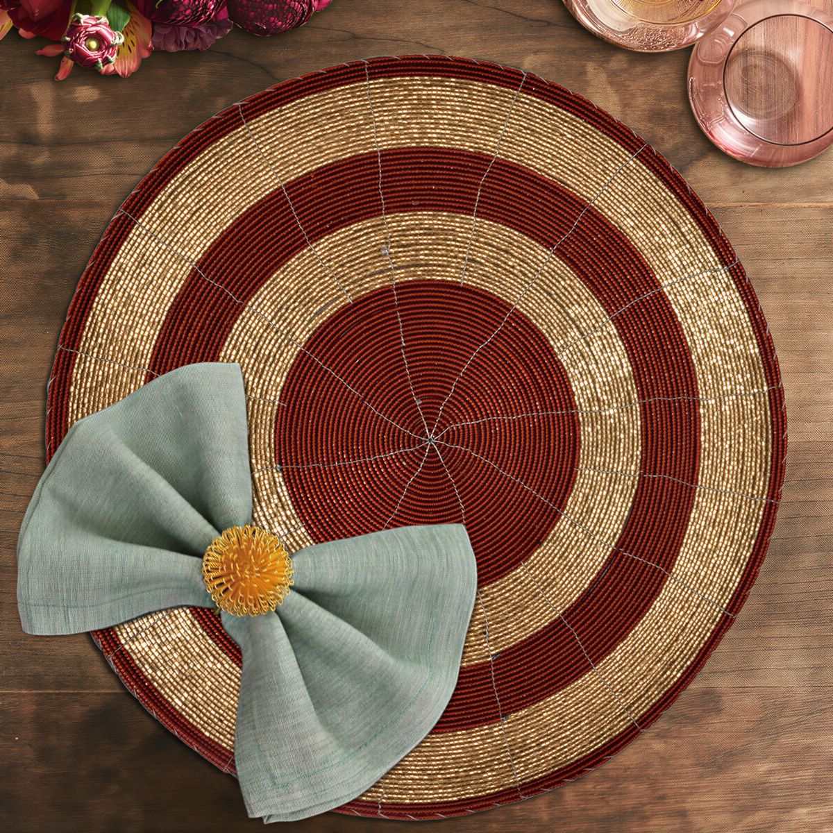 Beaded Placemats – Round Handmade Table Decor with Embroidered Beads, 14 Inch