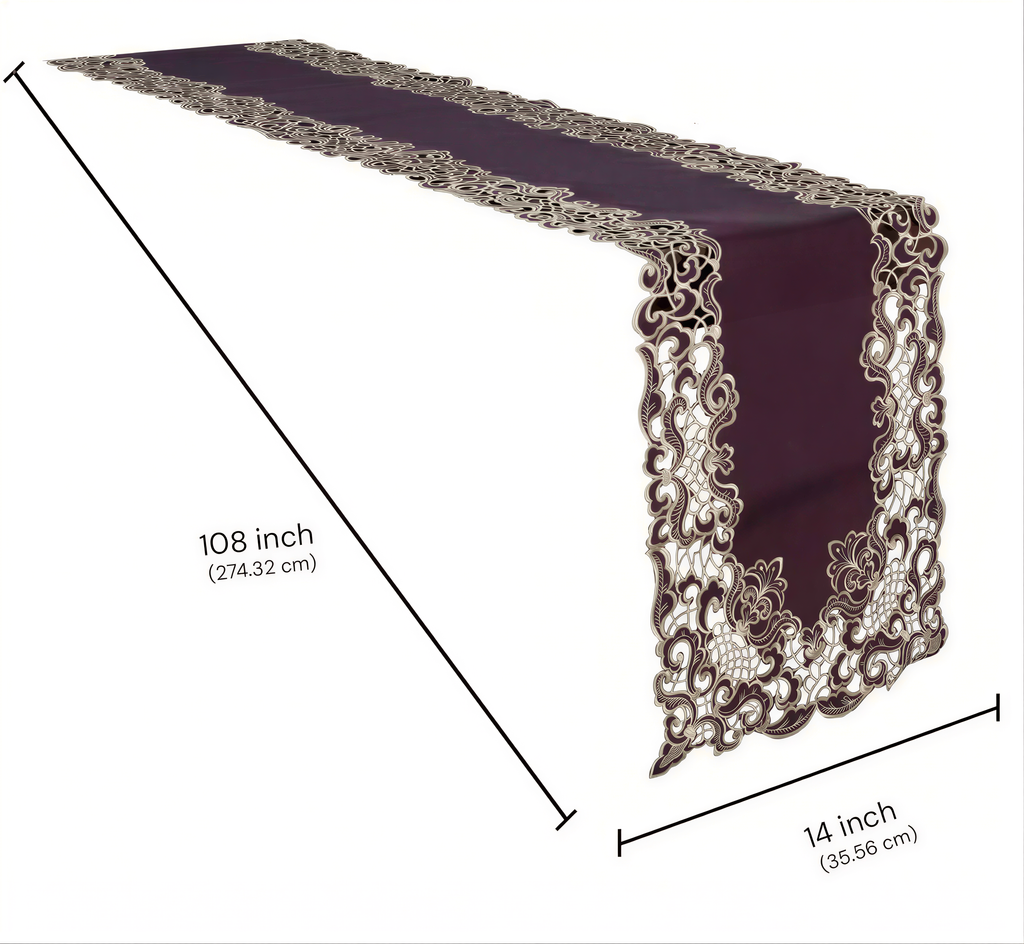 Plum Gold Table Runner – Embroidered Vintage Linen Runner | Rustic Table Decor 14x108 Inch